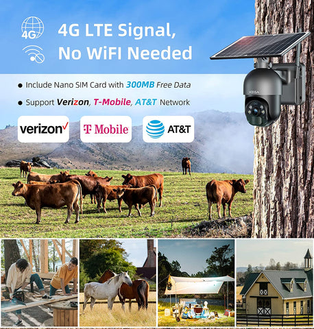 Xega 3G/4G LTE Cellular Security Cameras No WiFi  Outdoor Solar Power Cameras SIM Card Included, 2K HD Color Night Vision,PIR Motion Detection, 2 Way Talk, IP66.